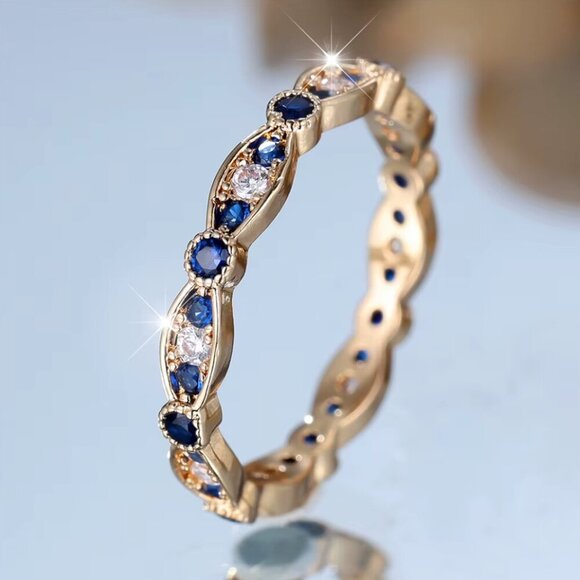 NEW 14k Yellow Gold Diamond Ring Band Blue Sapphire Stackable Ring - Picture 2 of 6